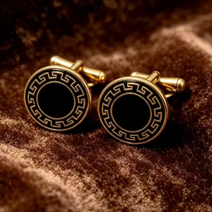 Boutons de manchette ronds noirs et dorés vintage style grec pour chemise homme