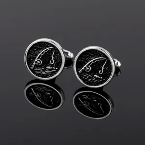 Stylish retro silver round fishing cufflinks for men, perfect for business dress shirts.