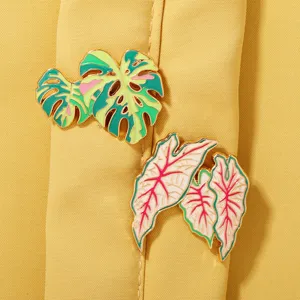 Tropical plant enamel pins detail, monstera and taro leaf metal brooch badges for clothes.