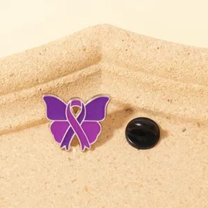 Purple butterfly awareness ribbon enamel brooch pin with secure rubber clutch back detail.