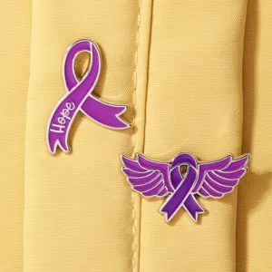 Purple awareness ribbon enamel pin set with angel wings and hope lettering detail view