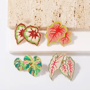 Tropical plant enamel pins set, cute caladium and monstera leaf alloy brooches for clothing bags.