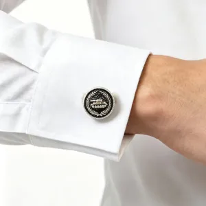 Vintage tank motif metal French cufflinks for men, elegant silver business shirt cuff links accessory.