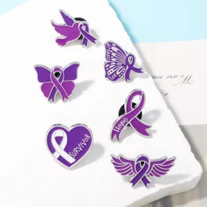 Close-up detail of purple awareness ribbon brooches, featuring various metal enamel pin designs.