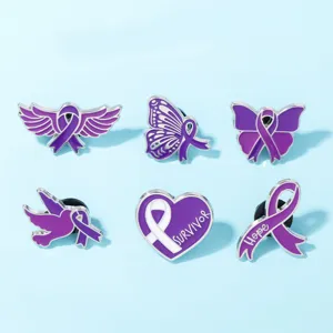 Set of six purple ribbon awareness enamel pins featuring butterfly, heart and dove details.
