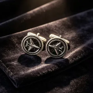 Close-up detail of retro silver-toned jet plane cufflinks with black enamel and gear rim.