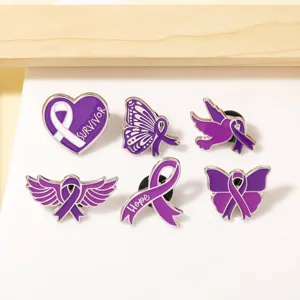 Purple Ribbon Brooch Alloy Enamel Badge Cancer Awareness Pin Hope Survivor Charity Collar Jewelry Gift Women Men