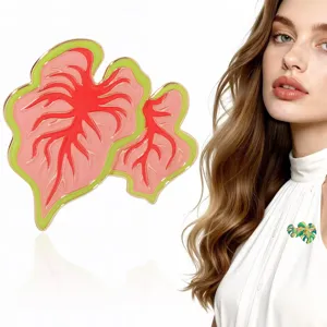 Tropical plant brooch with pink leaf design, alloy pin for clothing and bags.