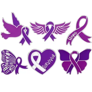 Set of 6 purple awareness ribbon enamel lapel pins, charity brooch badges for breast support.
