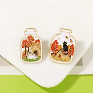 Süße Herbst Katzen Emaille Brosche Set, magische Flasche Metall Anstecknadel Mode Accessoires.