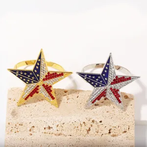 American Flag Star Napkin Ring Rhinestone Zinc Alloy Electroplated Decorative Napkin Holder For Independence Day Banquet Restaurant Party Table Decor