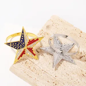 American flag rhinestone star napkin rings set, patriotic metal napkin holder for dinner table