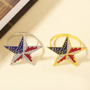 Detail shot of patriotic star napkin rings with red white blue rhinestones for dining table decor.
