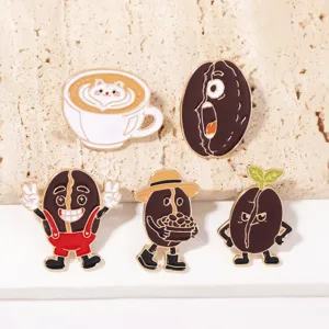 Cute cartoon coffee bean metal enamel brooch pin set, perfect for backpacks and clothes.