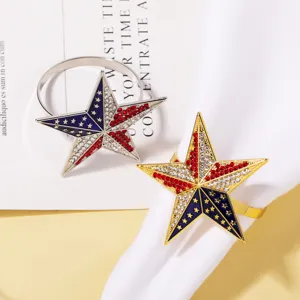 Independence Day star napkin rings, alloy metal rhinestone napkin holders for table decor.