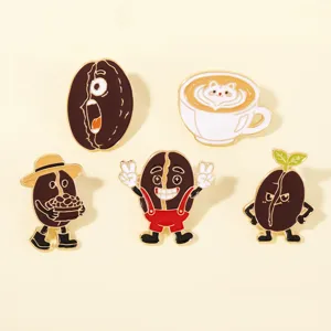 Cute cartoon coffee bean metal enamel pin set backpack badge clothing accessory detail