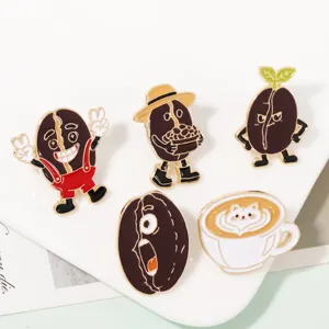 Close-up details of cute cartoon coffee bean enamel pins set, glossy metal alloy brooch.