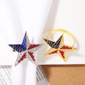 American flag star napkin rings, rhinestone metal napkin holders for table decor, set of two.