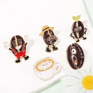 Detailed view of cute cartoon coffee bean metal brooch pins, vibrant enamel backpack accessories.