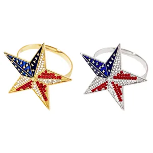 Patriotic American flag star napkin ring with red white blue rhinestones for holiday dining table.