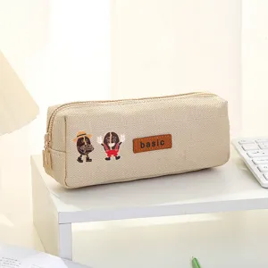 Cute cartoon coffee bean canvas pencil case with basic letter patch for school office stationery.