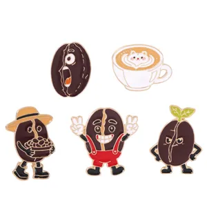 Cute cartoon coffee bean enamel pins set, metal brooch badges for backpacks, jackets and caps.