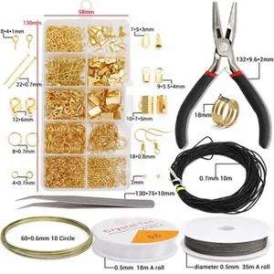 DIY jewelry making kit with storage box, pliers, jump rings, clasps, and wire rolls for crafts.
