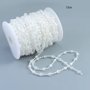 Close-up detail view of transparent crystal bead garland roll, 15m long for wedding decor.