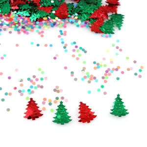 Christmas tree confetti and colorful sequins close up, perfect for holiday party decoration.