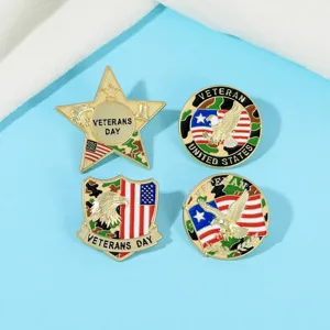 Detailed view of veteran metal brooches featuring eagle and US flag designs, perfect for clothing.