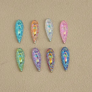 Detailed view of 7x21mm horse eye iridescent flatback rhinestones, vibrant DIY craft jewelry items.