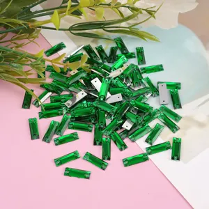 Detail view of apple green rectangular synthetic zircon loose stones, flatback crystal rhinestones.