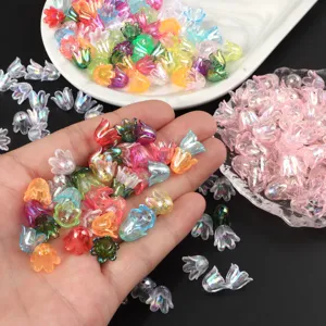 Colorful tulip flower shaped AB clear DIY beads close-up detail for handmade jewelry craft.