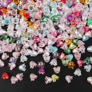 Close-up of colorful AB coated lily of the valley flower beads for DIY crafts and jewelry making.
