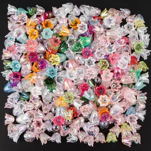 Detailed view of colorful AB coated lily bell flower beads, perfect for DIY jewelry crafting.
