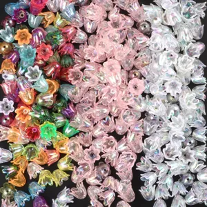 Detailed close-up view of AB colorful bell flower beads, perfect for DIY handmade jewelry crafts.