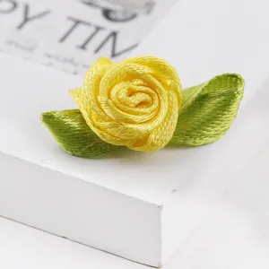 Handmade yellow ribbon rose flower with green leaves for garment apparel DIY crafts decoration