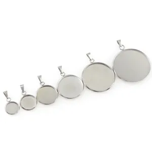 Stainless steel round pendant blank trays with bails, DIY cabochon bezel bases for jewelry making.