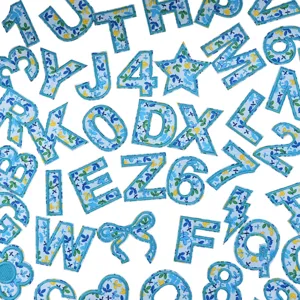 Floral alphabet embroidery patches, blue floral letter and number DIY clothing patches.