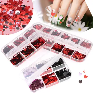 Detailed view of heart nail sequins in clear grid storage boxes, perfect for DIY nail art designs.