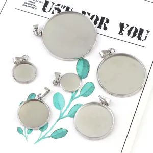 Stainless steel round pendant blank trays with bails, multi-size bezel settings jewelry details.