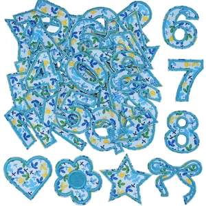 Blue Floral Self-Adhesive English Letters Numbers Embroidered Patches DIY Applique For Clothing Backpacks