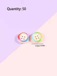 Close-up detail of 15mm colorful edge four-hole resin buttons, showing size and quantity.