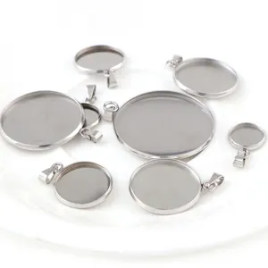 Stainless steel round pendant bezel blanks trays with bail clips for DIY jewelry making set.