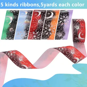 Sonne Mond Laser Folienprint Polyester Geschenke Band Set, 5 Farben jeweils 5 Yard Länge.