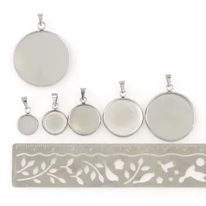 Stainless steel round pendant tray blank bezel settings with bails for DIY jewelry making crafts.