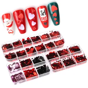 Detailed view of mixed red and black heart-shaped nail art glitter sequins in clear storage boxes.