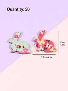 Detailed view of cute rabbit shaped wooden buttons with colorful floral prints, set of 50.
