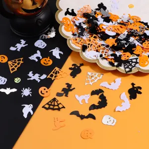 Halloween party confetti scatter, mixed spooky ghost bat pumpkin table decor sequins.