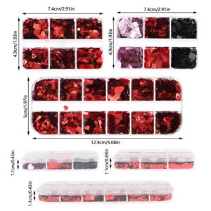 Heart nail art sequins in clear storage box, mixed red love shapes for DIY manicure designs.